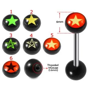 SS Tongue Barbell with UV Stars Logo Ball Top and Plain Black UV Ball Base