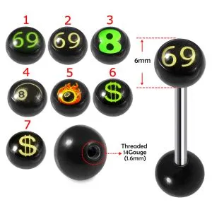 SS Tongue Barbell with UV 69 Logo Ball Top and Plain Black UV Ball Base