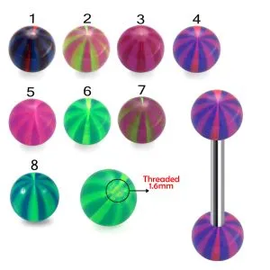 316L Surgical Steel Tongue Barbell With Double Toned Watermelon Stripes UV Balls