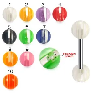 316L Surgical Steel Tongue Barbell With White Faded Stripes UV Balls