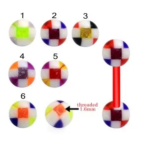 Bio Flex Tongue Barbell With Checked Design UV Balls