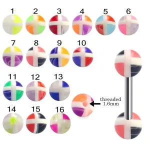 316L Surgical Steel Tongue Barbell With Multi Color Checked UV Balls