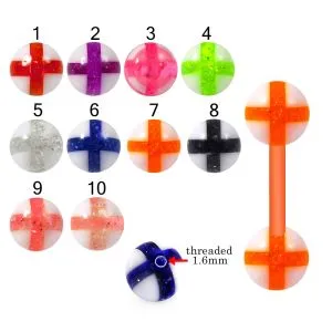 Bio Flex Tongue Barbell With Glitter Cross Design UV Balls