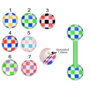 Bio Flex Tongue Barbell With Checked Design UV Balls