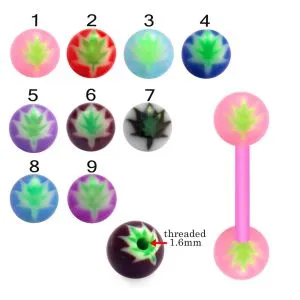 Bio Flex Tongue Barbell With Centered Leaf Design UV Balls