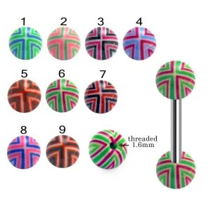 316L Surgical Steel Tongue Barbell With Hand Painted Multi Stripes UV Balls