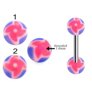 316L Surgical Steel Tongue Barbell With Hand Painted Fancy Pink Flower Design UV Balls