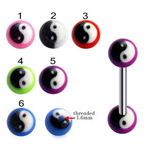316L Surgical Steel Tongue Barbell With Hand Painted Ying Yang Design UV Balls