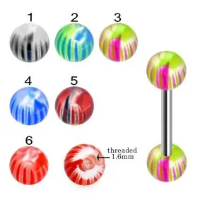 316L Surgical Steel Tongue Barbell With Multi Stripes Colorful UV Balls
