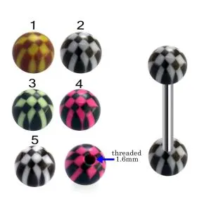 316L Surgical Steel Tongue Barbell With Checked Design UV Balls