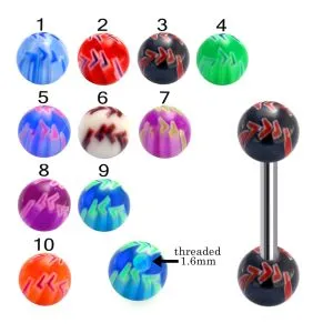 316L Surgical Steel Tongue Barbell With Hand Painted Colorful Arrow Design UV Balls