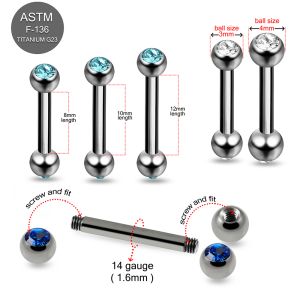 14G G23 Titanium Straight Barbell with CZ Ball