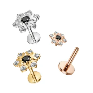Black CZ Jeweled Center Snowflake Internally Threaded 316L Surgical Steel Screw Fit Tragus Piercing 