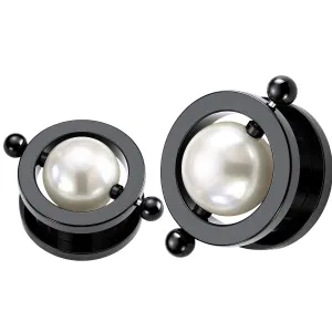 Black PVD Plated Surgical Steel Flesh Tunnel with Pearl in Center