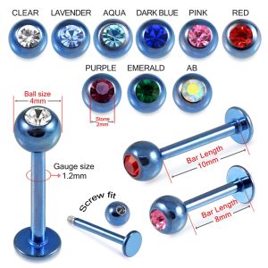 Blue Anodized with Top Stone Ball Labret Piercing