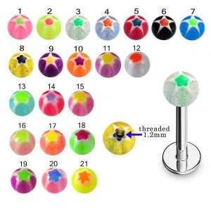 316L Surgical Steel Labret With Hand Print Multi Star UV Balls