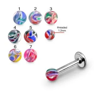 316L Surgical Steel Labret With Hand Painted Marble Color UV Balls