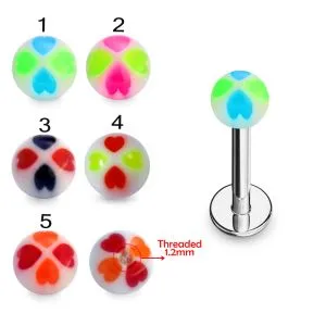 316L Surgical Steel Labret With Double Heart UV Ball