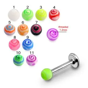 316L Surgical Steel Labret With Double Color Swirl Design UV Ball