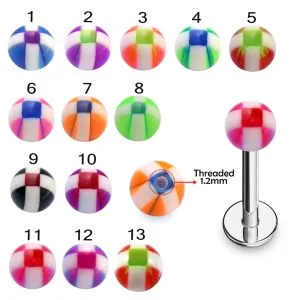 316L Surgical Steel Labret With Stripe Checker UV Ball
