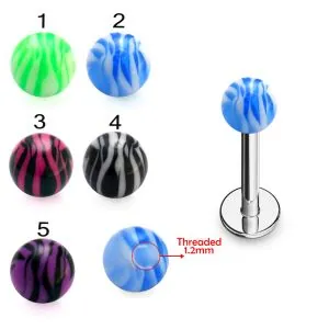 316L Surgical Steel Labret With Acrylic Zebra Painted Fancy UV Balls