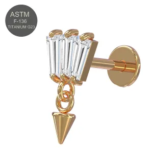 G23 Grade Titanium Triple Baguette Gem with Dangling Cone Design Top Push Fit with Flat Back Labret