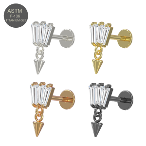 G23 Grade Titanium Triple Baguette Gem with Dangling Cone Design Top Push Fit with Flat Back Labret