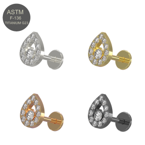 G23 Grade Titanium Multi Jeweled Tear Drop Design Tragus Top Push Fit  With Flat Back Labret