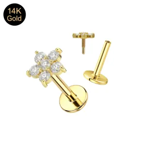 14K Solid Gold Internally Threaded 5-Petal CZ Flower Labret | 16G