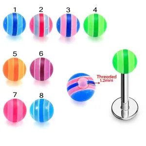 316L Surgical Steel Labret With Multi Stripe UV Balls