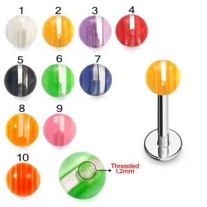 316L Surgical Steel Labret With White Faded Stripes UV Balls
