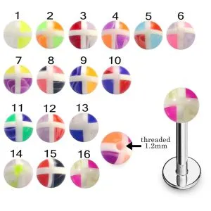316L Surgical Steel  Labret With Multi Color Checked UV Balls