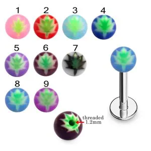 316L Surgical Steel Labret With Centered Leaf Design UV Balls