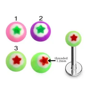 316L Surgical Steel Labret With Hand Painted Fancy Flower Design UV Balls