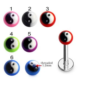 316L Surgical Steel Labret With Hand Painted Ying Yang Design UV Balls
