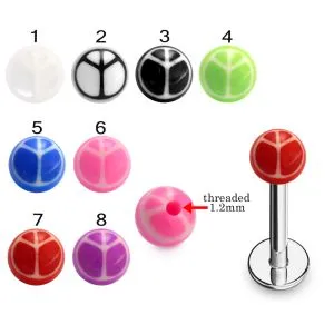 316L Surgical Steel Labret With Hand Painted Peace Sign UV Balls