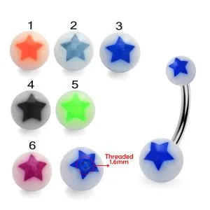 316L Surgical Steel Banana Belly Bar With Star Printed Fancy UV Balls