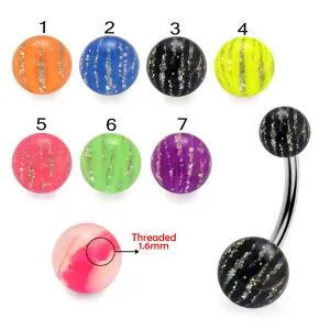 316L Surgical Steel Banana Belly Bar With Glitter Stripes UV Ball