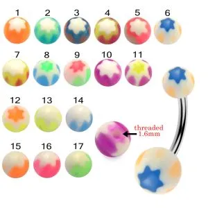 316L Surgical Steel Banana Belly Bar With Floral Design UV Balls