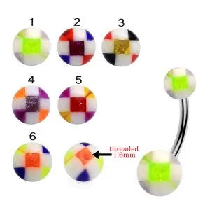 316L Surgical Steel Banana Belly Bar With Checked Design UV Balls