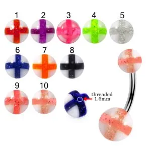 316L Surgical Steel Banana Belly Bar With Glitter Cross Design UV Balls