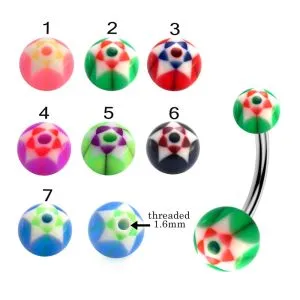 316L Surgical Steel Banana Belly Bar With Hand Painted Twin Star Design UV Balls