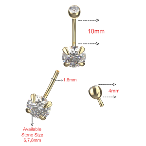 9K Yellow Gold Round Shape CZ with Internally Threaded Top Stone Ball Navel Piercing