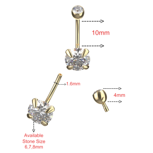 14K Yellow Gold Round Shape CZ with Internally Threaded Top Stone Ball Navel Piercing