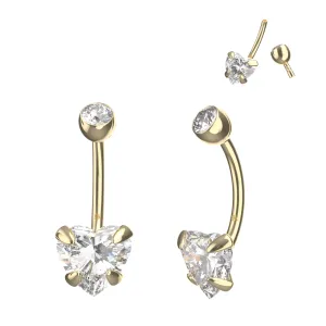 9K Yellow Gold Heart-Shaped CZ Stone Internally Threaded with Top Stone Ball Navel Piercing