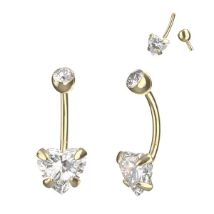 14K Yellow Gold Heart-Shaped CZ Stone Internally Threaded with Top Stone Ball Navel Piercing
