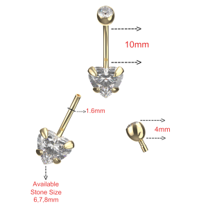 9K Yellow Gold Heart-Shaped CZ Stone Internally Threaded with Top Stone Ball Navel Piercing