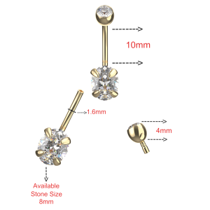 14K Yellow Gold Oval-Shaped CZ Stone Internally Threaded with Top Stone Ball Navel Piercing