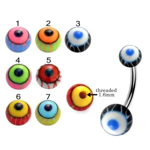 316L Surgical Steel Banana Belly Bar With Colorful Eye Ball Design UV Balls