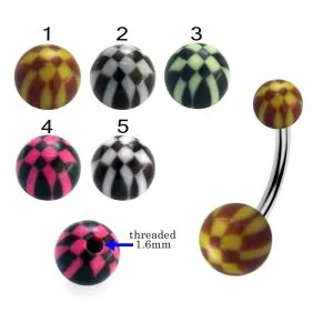 316L Surgical Steel Banana Belly Bar With Checked Design UV Balls